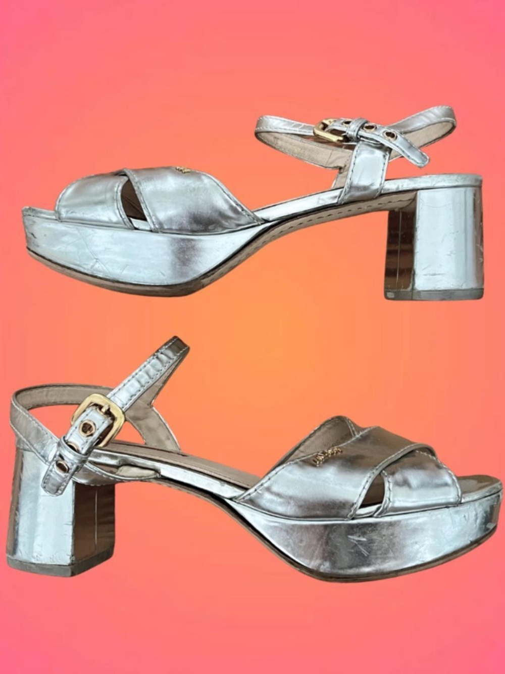 Y2K silver platform sandals by Prada